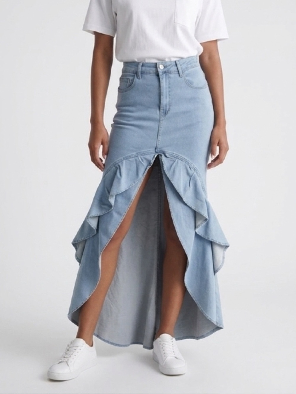 Light Blue Denim Ruffle-Front Maxi Skirt